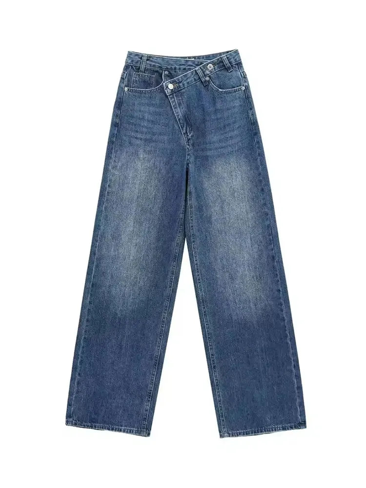 HH Women Vintage Cross Waist Wide Leg Jeans High Waist Asymmetrical Button Fly Baggy Denim Pants For Retro Street Style