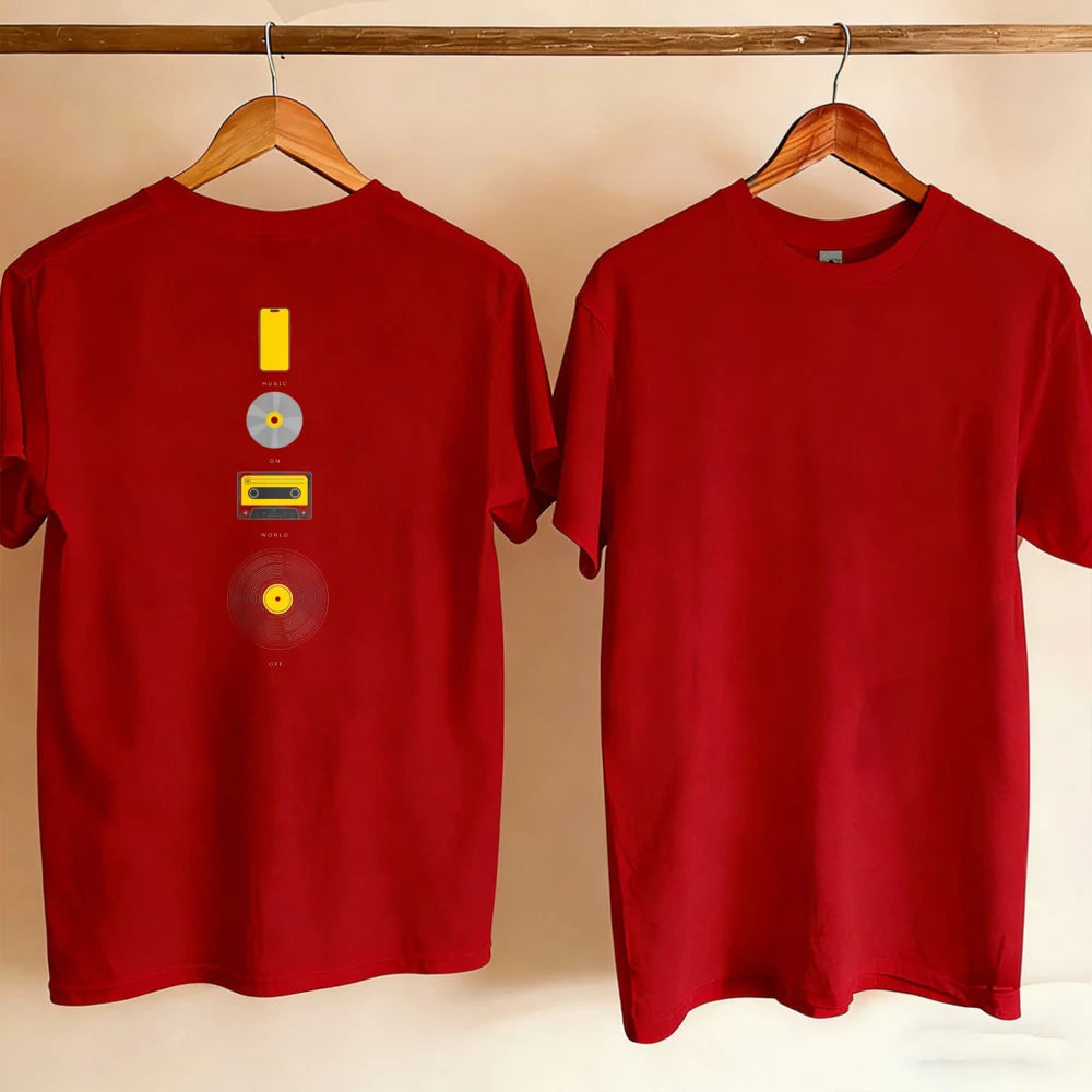 Music Evolution Media Vertical Graphic T-Shirt Men Back Print Cotton Short Sleeve Vinyl Cassette CD Phone Nostalgia Casual Tee