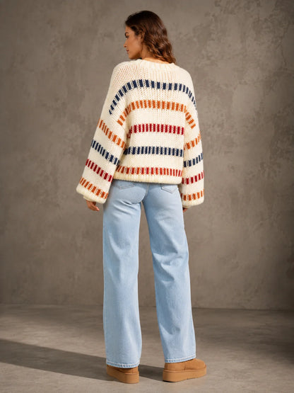 Vibrant Color Block Stripe Chunky Knit Sweater for Women, Oversized Crew Neck Long Balloon Sleeve Loose Pullover Jumper,