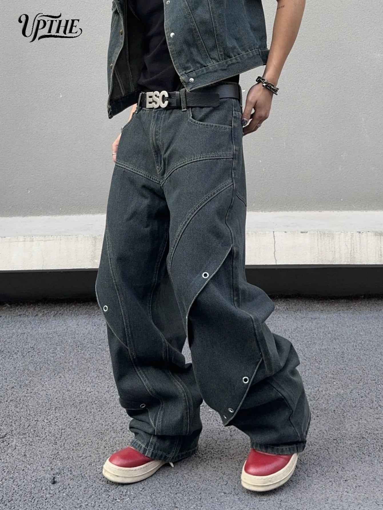 UP.THE Men Dark Raw Denim Baggy Wide Leg Jeans, Y2K Oversized Loose Curved Spliced Eyelet Denim Pants, Industrial Streetwear Trousers for Daily Outfits