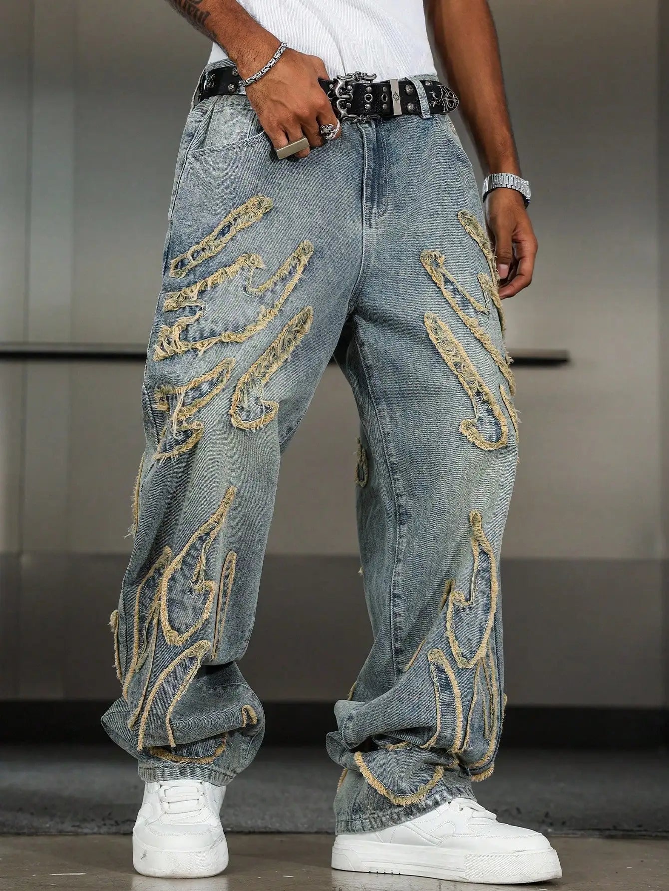Men's Street Style Casual Patchwork Embroidered Frayed Hem Macau Blue Denim Jeans Trendy Loose Fit Straight Leg Pants