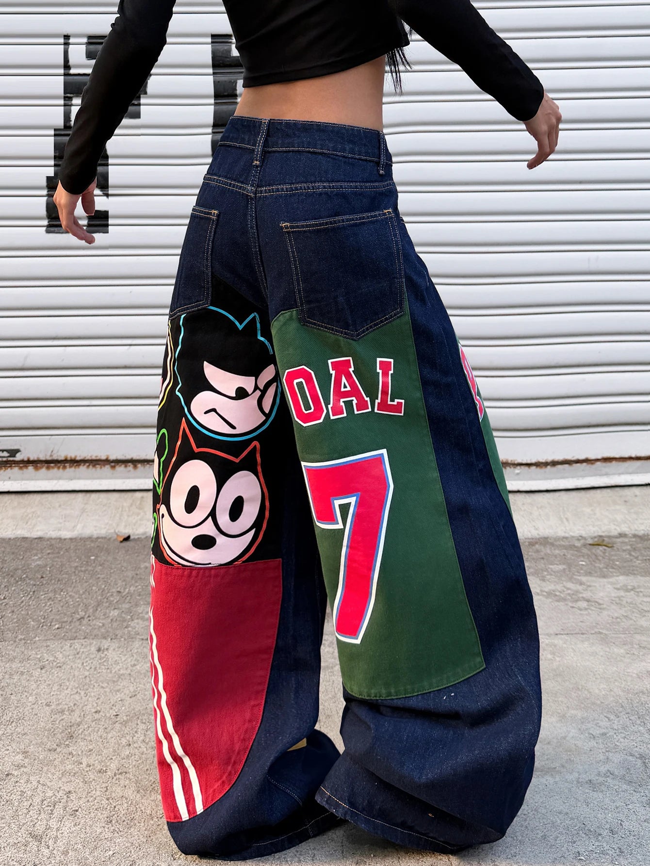 American Retro Alphanumeric Cartoon Printed Button-Down Design Cocoon Jeans, Y2K Street Hip-Hop Fashion Versatile Wide-Leg Pants For Women