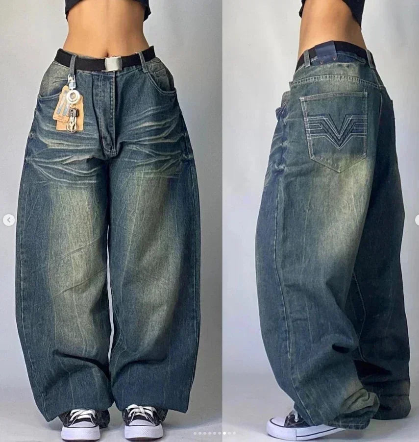 American Fashion Trend Joker Pattern Embroidered Loose Jeans Women Street Y2K New Hip Hop Oversized Wide-leg Pants Unisex Jeans