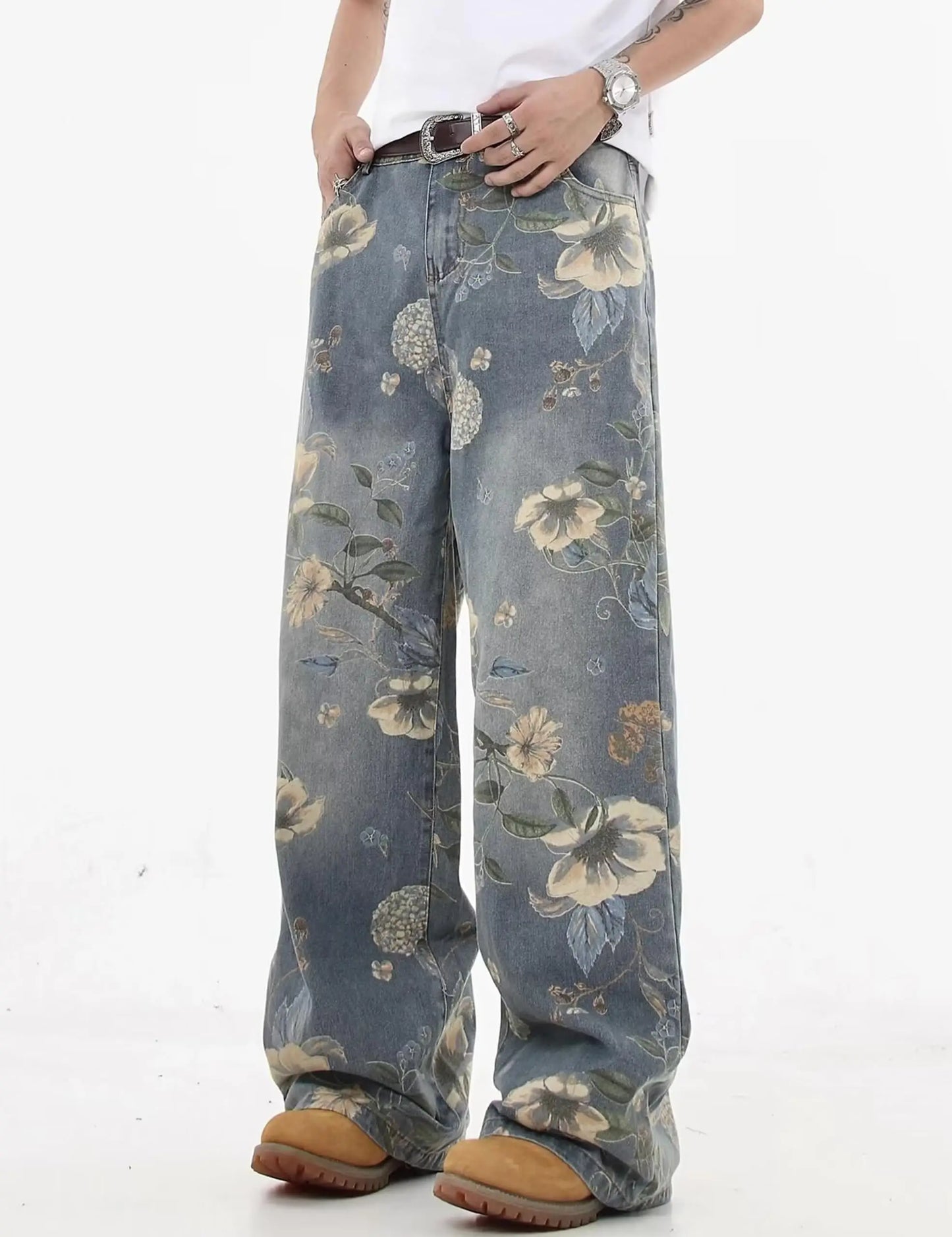 Men's Vintage Wash Baggy Wide Leg Jeans All Over Floral Print Loose Street Style