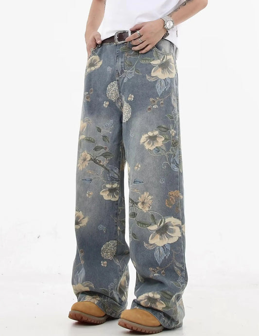 Men's Vintage Wash Baggy Wide Leg Jeans All Over Floral Print Loose Street Style