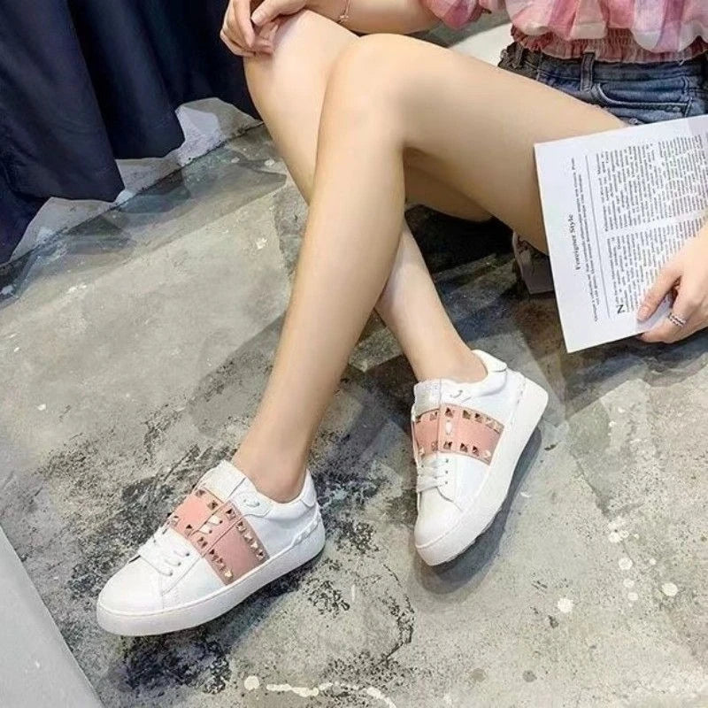 Casual Versatile Leather Sneakers Unisex Trendy Rivet Decorated Sport Shoes Breathable Comfortable Massage Function for Couples