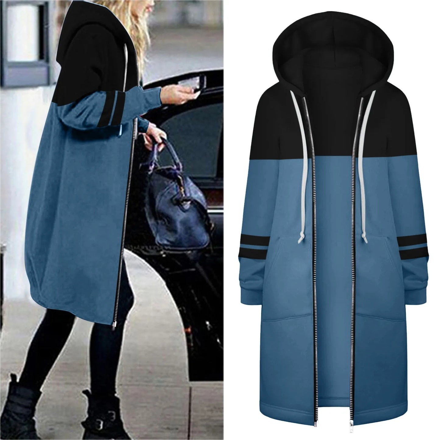 Women's Warm Zipper Long Outwears Solid Color Loose Fit Drawstring Sweatshirt Coat for Women