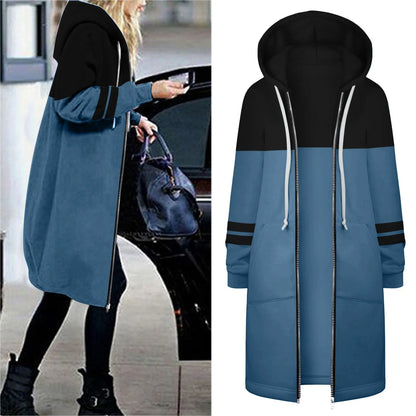 Women's Warm Zipper Long Outwears Solid Color Loose Fit Drawstring Sweatshirt Coat for Women