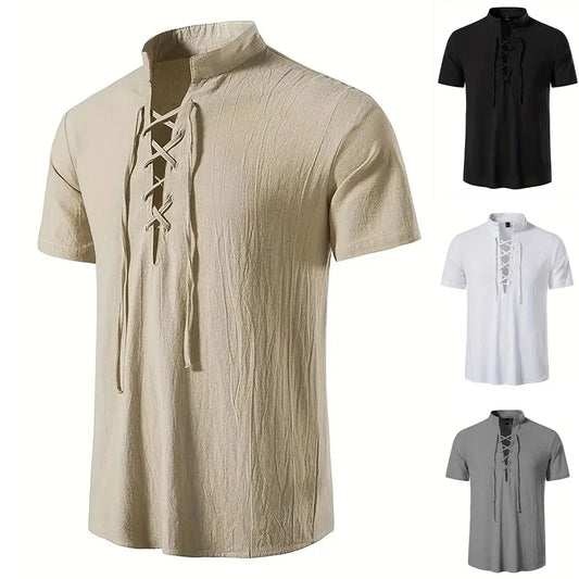 Men's Retro Shirt Short Sleeve Cotton Linen Lightweight Breathable Solid Color Fashion Tops Pirate V-neck Male Stylish Shirts