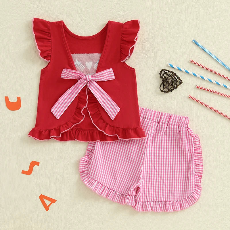 Infant Girl s Patriotic Outfit Red White Blue American Flag Heart Embroidered Flutter Sleeve Top Plaid Ruffle Shorts Set for