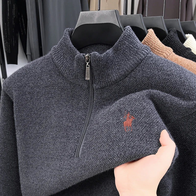High-End Men New Long-Sleeved Knitwear Stand Collar Zipper Pony Embroidery British Style Leisure Snug Hot-Selling Men's Clothing