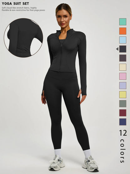 Fitfemme 2Pcs Women's Spring Yoga Sport Suit High Waist Legging Jacket Lifting Running Pants Outdoor Set
