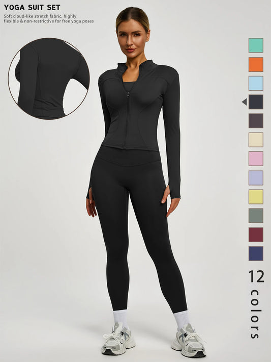 Fitfemme 2Pcs Women's Spring Yoga Sport Suit High Waist Legging Jacket Lifting Running Pants Outdoor Set