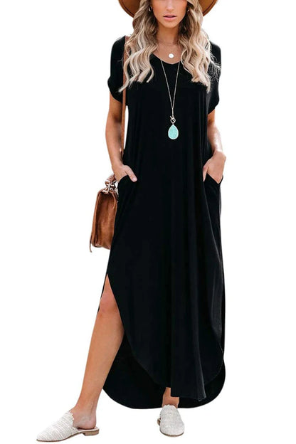 Women's Short Sleeve V-Neck Tie Dye Maxi Dress, Gradient Color Casual Loose Dress with Pockets & Side Slit, Perfect for Beach