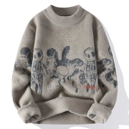 Men's Casual Plush printing Sweater Thickened Jacquard Vintage Streetwear Knitwear Pullover Loose Lazy Style Long Sleeve Sweater