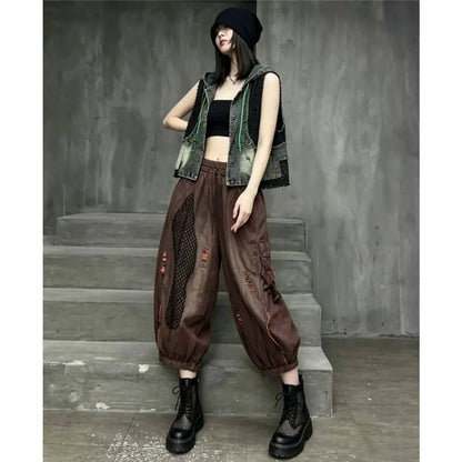 Trendy Cool Thin Denim Jeans Patchwork Mesh Wide-leg Pants Women Summer Loose Fashion Pant LX5815