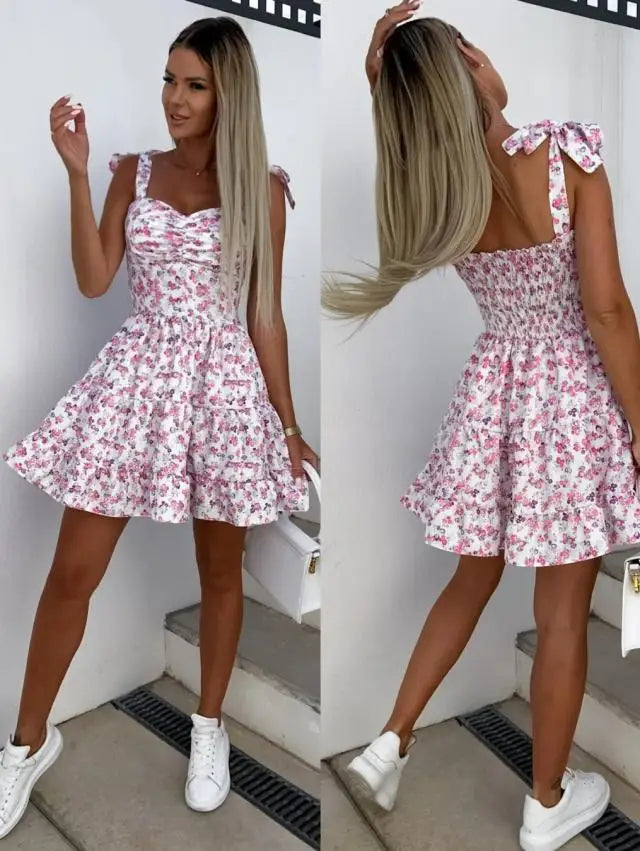 Summer Fashion Flower Print Waist Pleated Dress For Women Y2k Casual Vacation Beach Sundress Spaghetti Strap Mini Dress Female