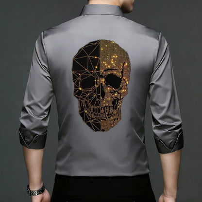 2026 Spring Autumn Luxury Men Streetwear Shirt Shiny Rhinestone Design Loose Natural Silk Casual Long Sleeve Shirt