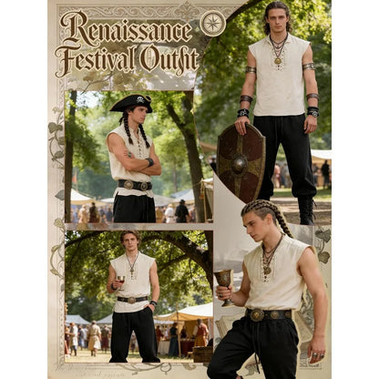 Men's Pirate Costume 8PCS Renaissance Sleeveless Shirt Ankle-Banded Pants Sash Belt & Accessories for LARP Cosplay