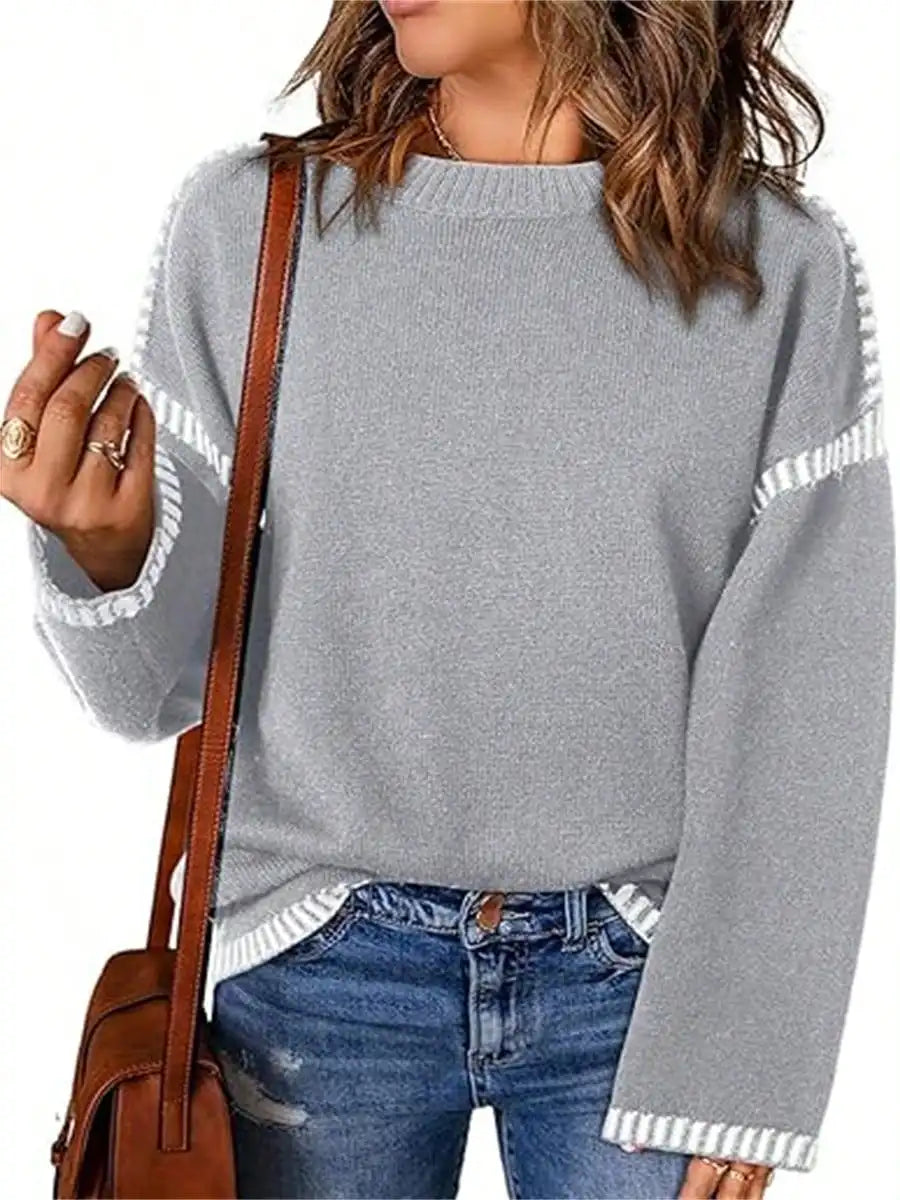 Sweaters For Women Fashion Solid Crewneck Pullover Loose Fit Long Sleeve Contrast Cable Knit Sweater Jumper Top