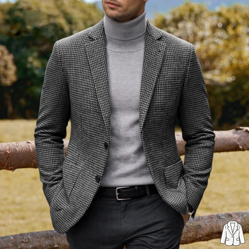 Men's Casual Blazer Houndstooth Wool Blend Suit Jacket Notched Lapel Slim Fit Business Formal Dress Sport Coat Outerwear