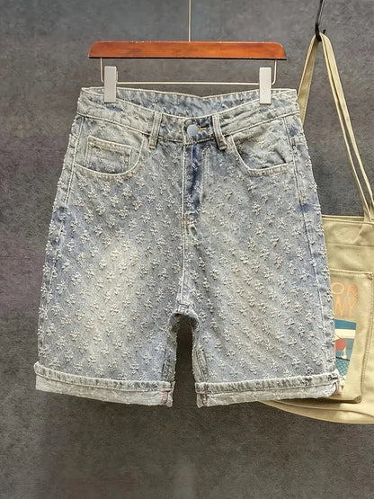High Street Trendy Ripped Denim Shorts for Men, Plus Size, American Style, Loose Straight-Leg Washed Denim Shorts for Summer