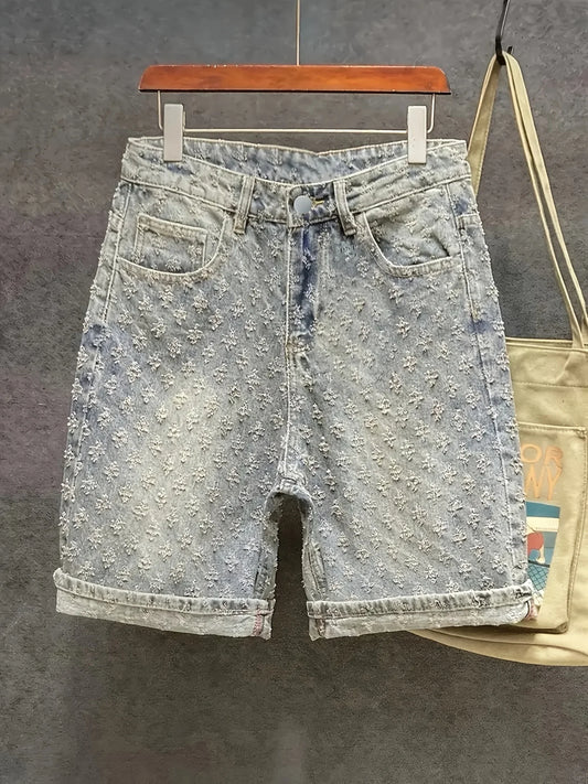High Street Trendy Ripped Denim Shorts for Men, Plus Size, American Style, Loose Straight-Leg Washed Denim Shorts for Summer