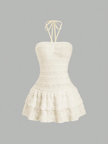 Ladies Solid Color High Elastic Fabric Backless Neckline Mini Skirt with Hem Ruffle Design Elegant Casual Style