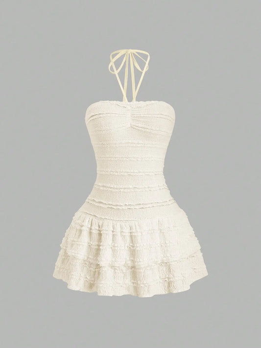 Ladies Solid Color High Elastic Fabric Backless Neckline Mini Skirt with Hem Ruffle Design Elegant Casual Style
