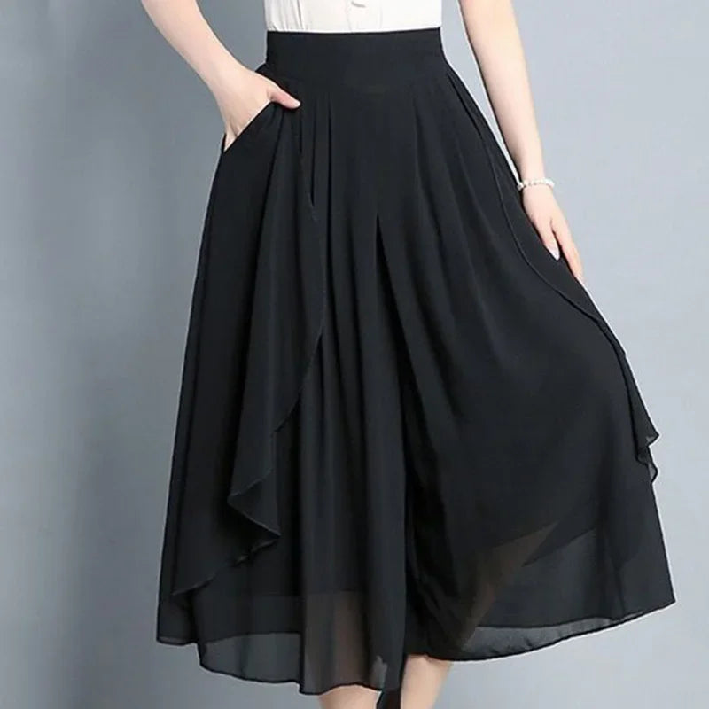 Elegant Solid Color Loose Elastic High Waist Folds Ruffles Capris Women's New Office Lady Commute Irregular Casual Pants