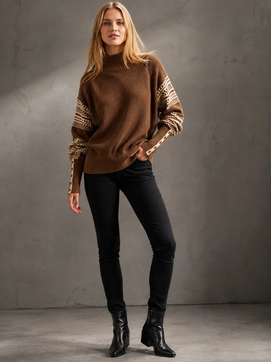 Women Retro Fair Isle Patchwork Turtleneck Sweater, Button Cuff Raglan Long Sleeve Loose Oversized Knit Pullover, Vintage Casual Fall Winter Boho Top