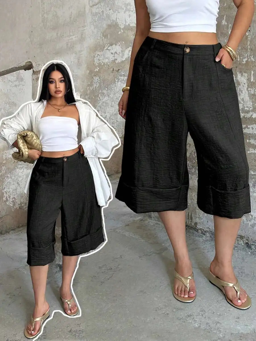 POPSWAY New Elegant Fashion Casual Design Cuffed Hem Capri Length High Waist Wide Leg Pants