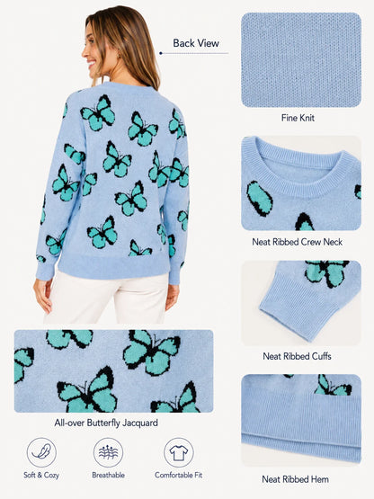 3D Flocking Butterfly Print Knit Sweater for Women Round Neck Drop Shoulder Long Sleeve Loose Pullover Casual Jumper Fall Winter Fashion Streetwear Tops