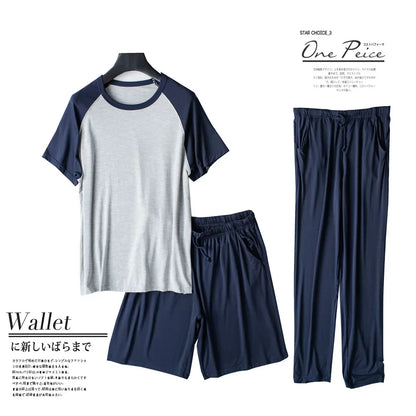 Spring and summer new modal men's pajamas three-piece short-sleeved + shorts + trousers plus size loose home service suit mens