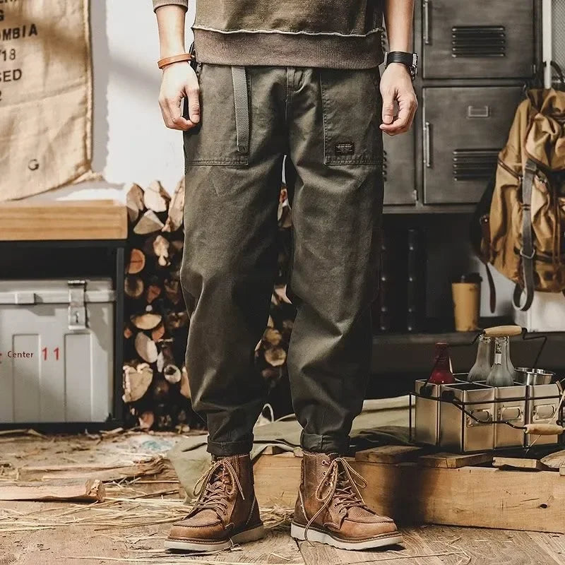 Autumn Summer Wide Leg Cotton Work Trousers Men's Cone Straight Loose Wear Resistant Pocket Pants Retro Wash Casual Workwear
