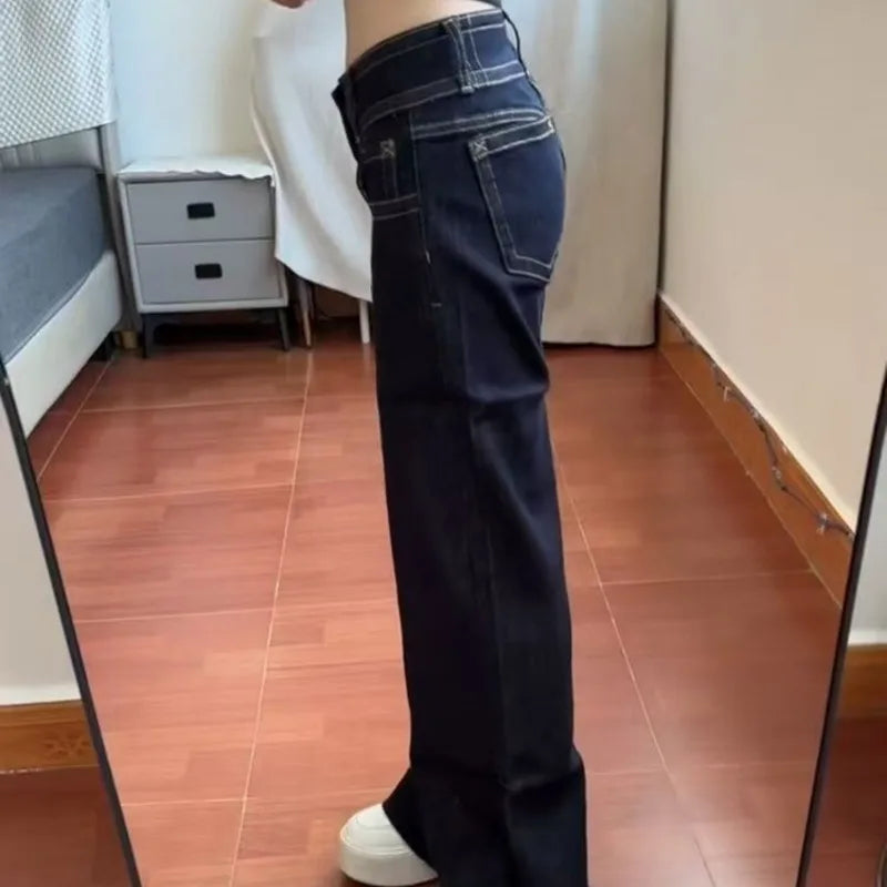 Womens Jeans New American Style Double Waist Button Bootcut Loose Fit Low Rise Straight Leg Pants Not Tight