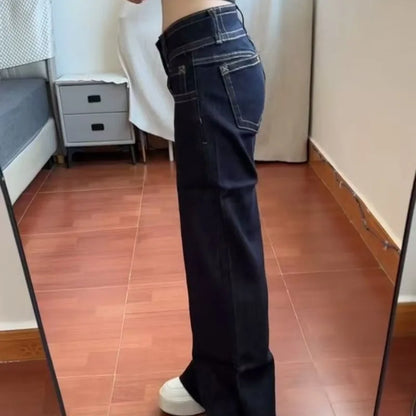 Womens Jeans New American Style Double Waist Button Bootcut Loose Fit Low Rise Straight Leg Pants Not Tight