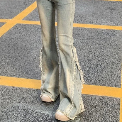 Women Vintage Blue Jeans High Waist American Retro 90s Raw Material Edge Design Y2k Denim Pants Streetwear Wide Leg Jeans