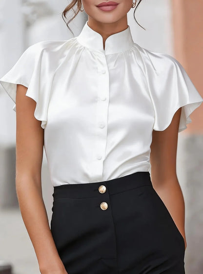 Women's Short Sleeve Satin Blouse Stand Collar Ruffle Shoulder Button Down Shirt Elegant Office Wear Top