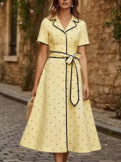 Vintage French Style Polka Dot V Neck Summer Dress Slim Waist Tie Belt Midi A-Line Flared Casual Outfit