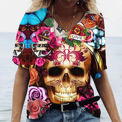 Skulls T-shirt Women's Shirt Fashion Short Sleeve New Casual Top Tee Ladies Girl Clothing V Neck T Shirt For Women