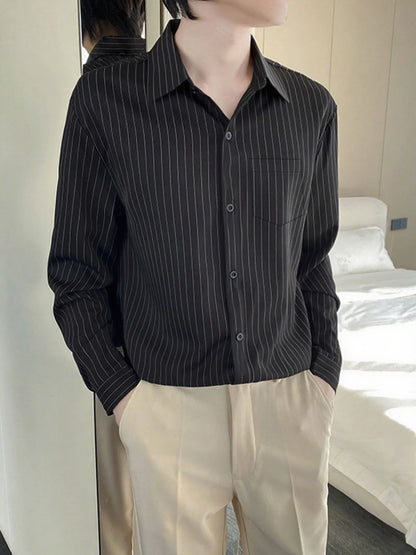 Spring and autumn high-end black striped shirt for men, long sleeve business casual daily commuting shirt.