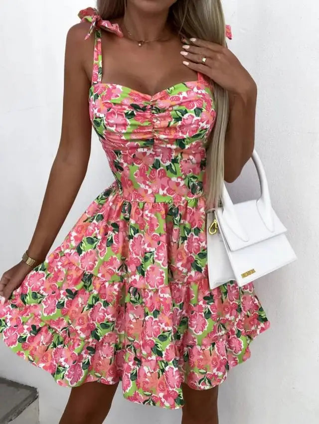 Summer Fashion Flower Print Waist Pleated Dress For Women Y2k Casual Vacation Beach Sundress Spaghetti Strap Mini Dress Female