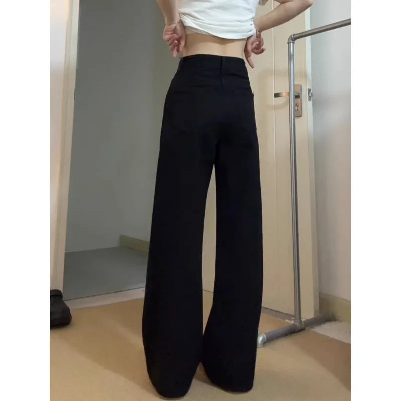 Womens Jeans Black Slim Wide Leg High Waist Spring New Womens Pants Stretchy Straight Long Trousers Flare Tummy Control