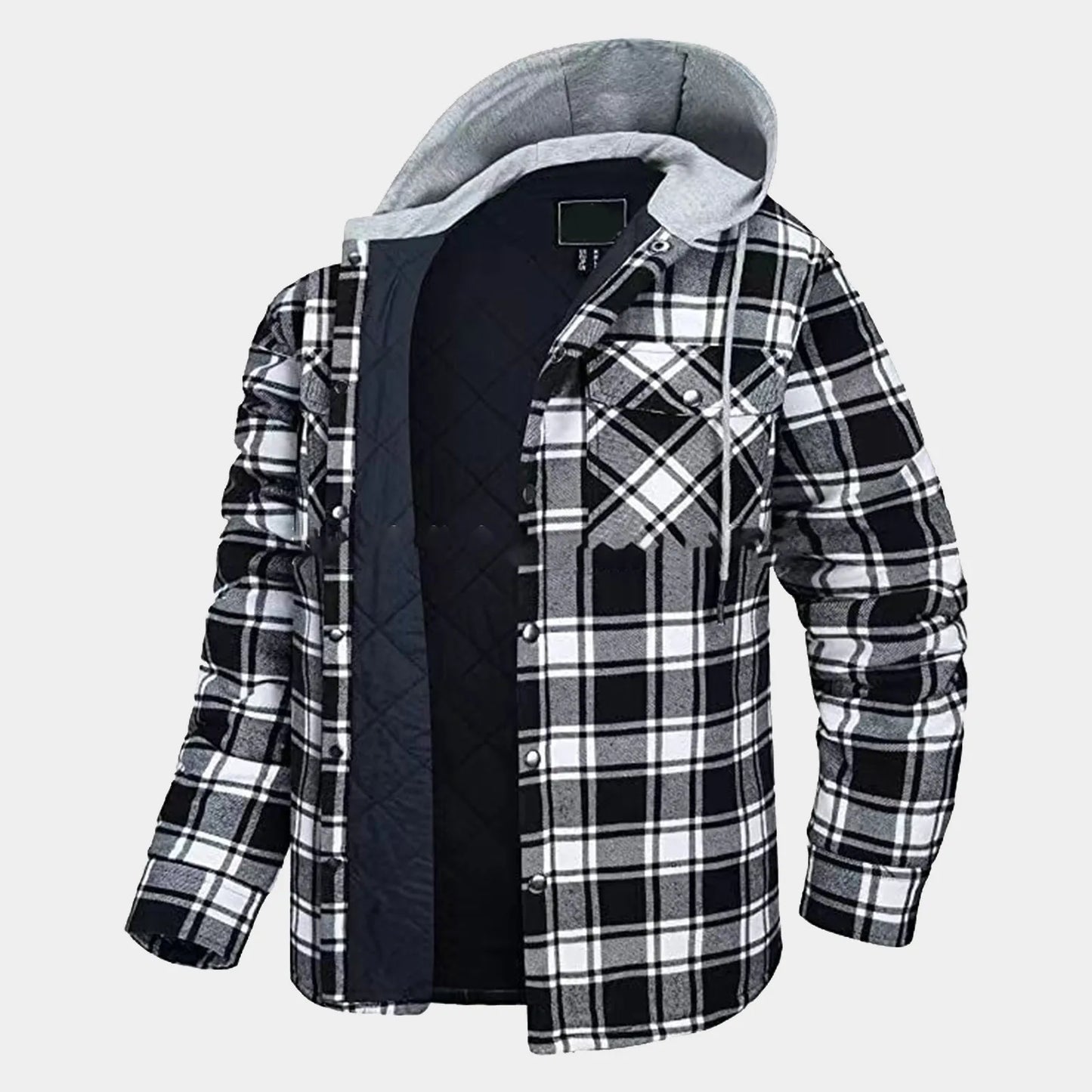 Men'S Flannel Shirt Jacket Plaid Quilted Lined Drawstring Winter Casual Coats Thick Hoodie Outwear Man Fleece Shirts Jacket