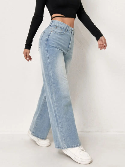 Trendy Wide Leg Distressed Straight Jeans for Women Elastic Casual Bootcut Denim Pants Bestseller Fashionable Ladies Jeans
