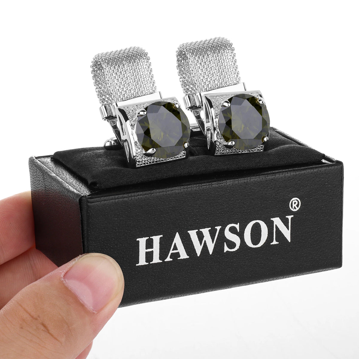 HAWSON Birthstone Crystal Cufflinks for Men Silver Luxury with Chain Wedding Birthday Christmas Gift