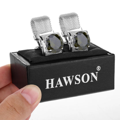 HAWSON Birthstone Crystal Cufflinks for Men Silver Luxury with Chain Wedding Birthday Christmas Gift