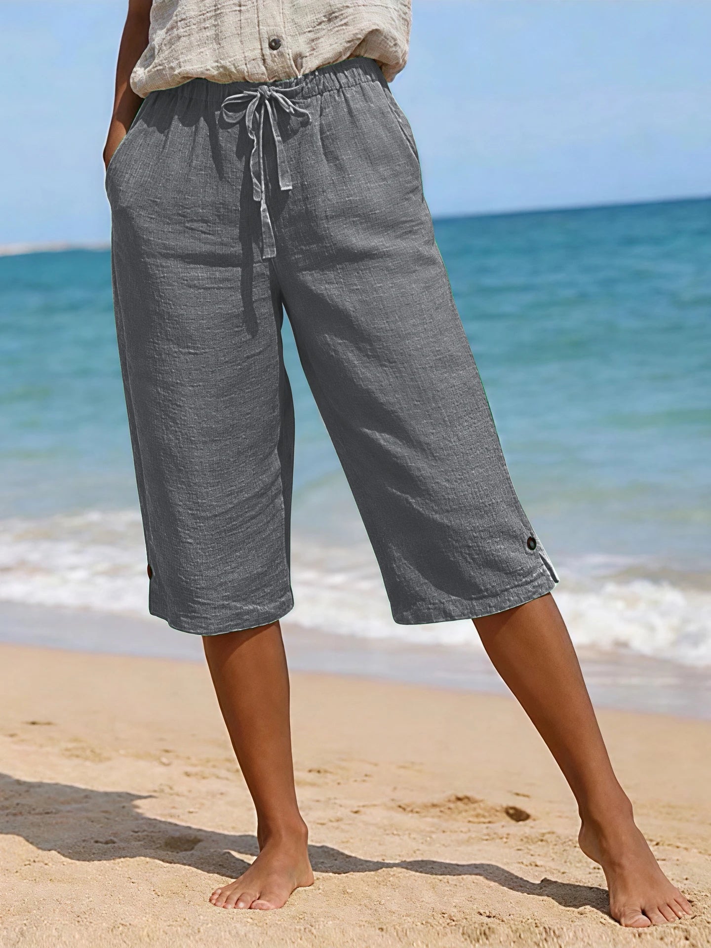Women's Solid Color Cotton Linen Loose Fit Belted Front & Back Multiple Pockets Capri Pants