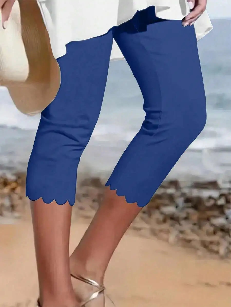 Women's Casual Elastic Capri Leggings, Solid Color Knit Polyester with Asymmetric Hem and Stretchy Waist,